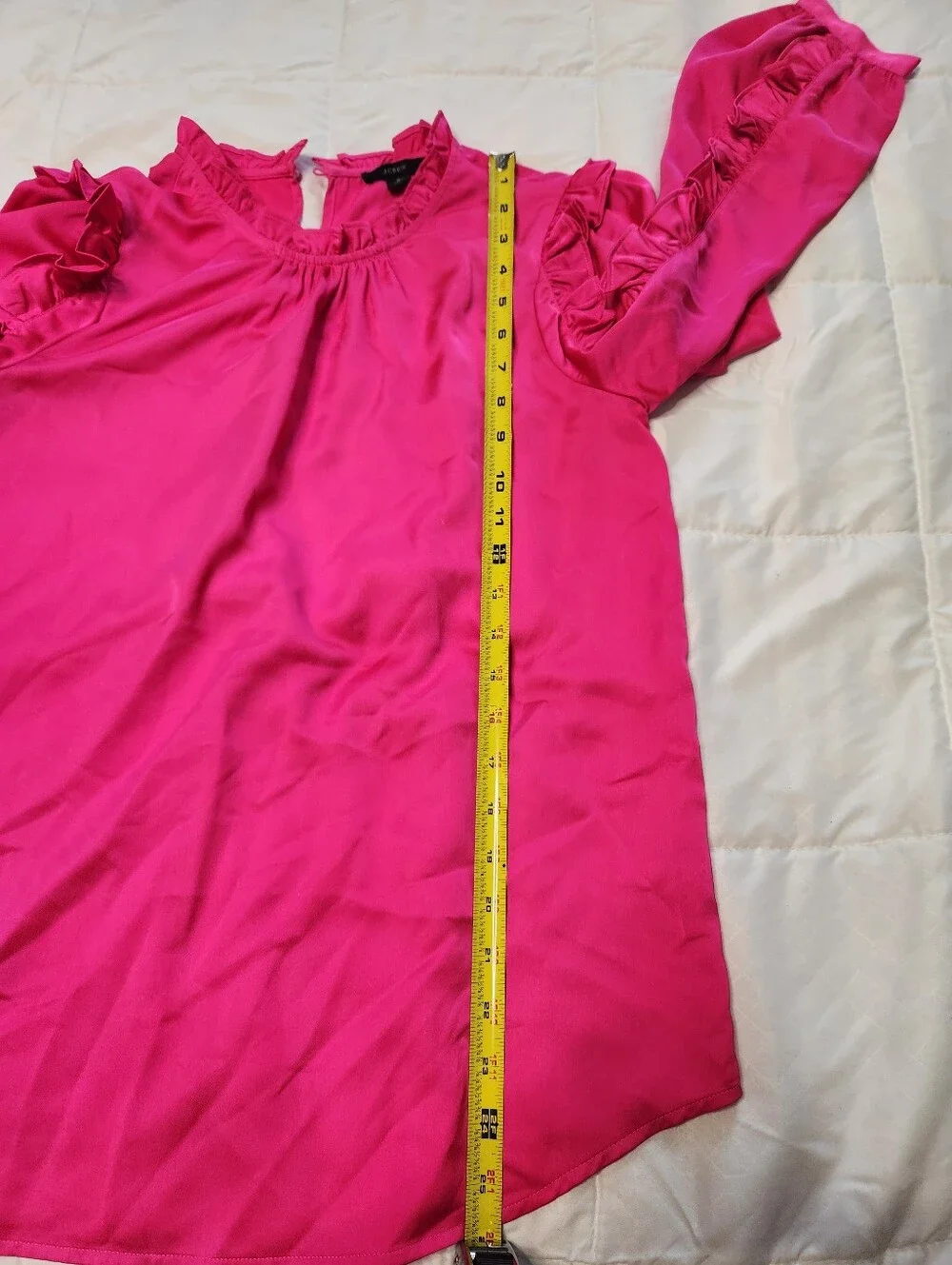 J. Crew Ruffle-Trim Satin Long Sleeve Blouse - Hot Pink